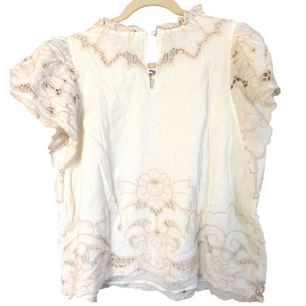 Anthropologie Lainie Blouse White Lace Cutwork Flutter‎ Sleeve Linen Top XL NWT - Picture 13 of 16